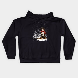 Christmas English Shepherd With Scarf In Winter Forest Kids Hoodie